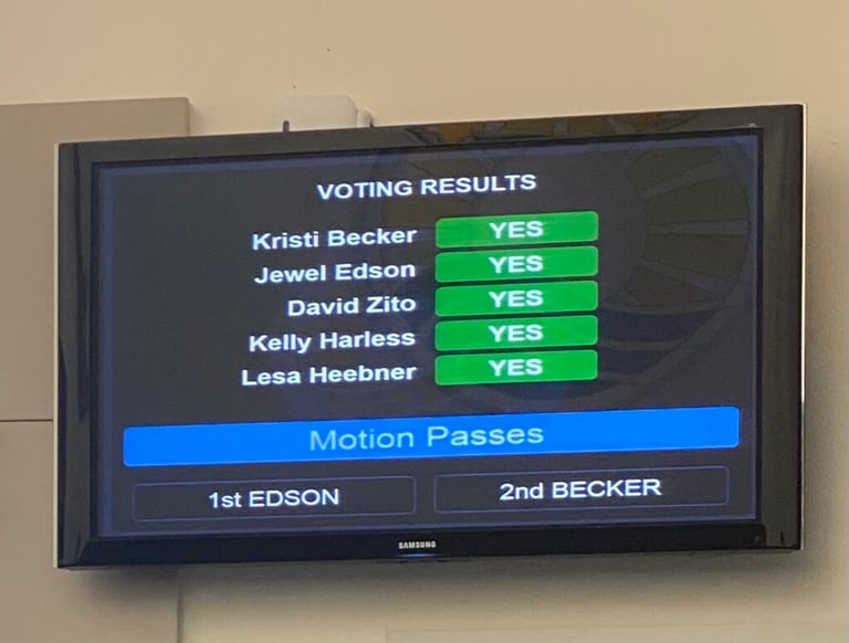 A TV screen in the council chambers showing the City Council's unanimous YES vote