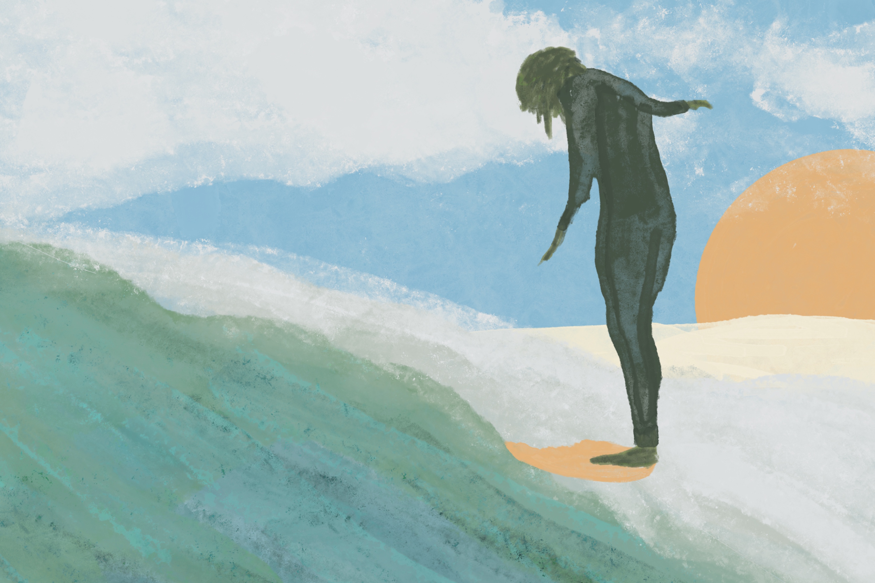 Illustration of a surfer hanging ten.